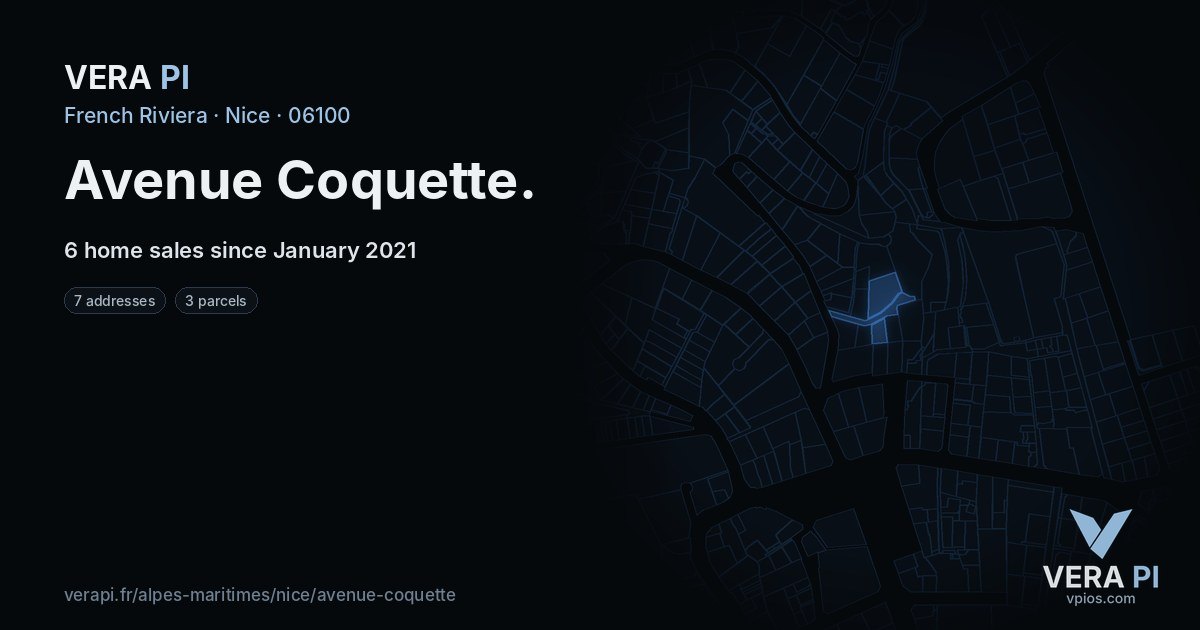 Avenue Coquette, Nice at night – every parcel coloured by the prices around it, the street's own parcels lit