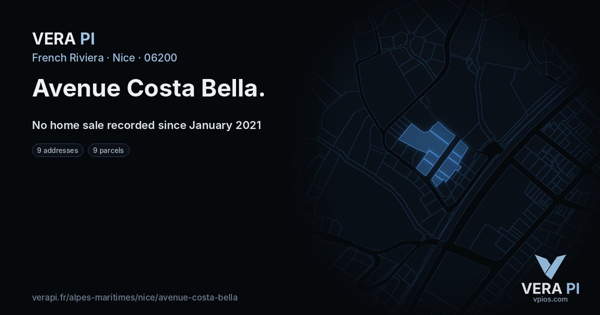 Avenue Costa Bella, Nice at night – every parcel coloured by the prices around it, the street's own parcels lit