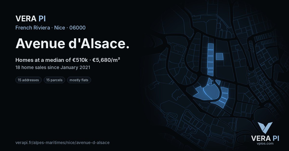 Avenue d'Alsace, Nice at night – every parcel coloured by the prices around it, the street's own parcels lit