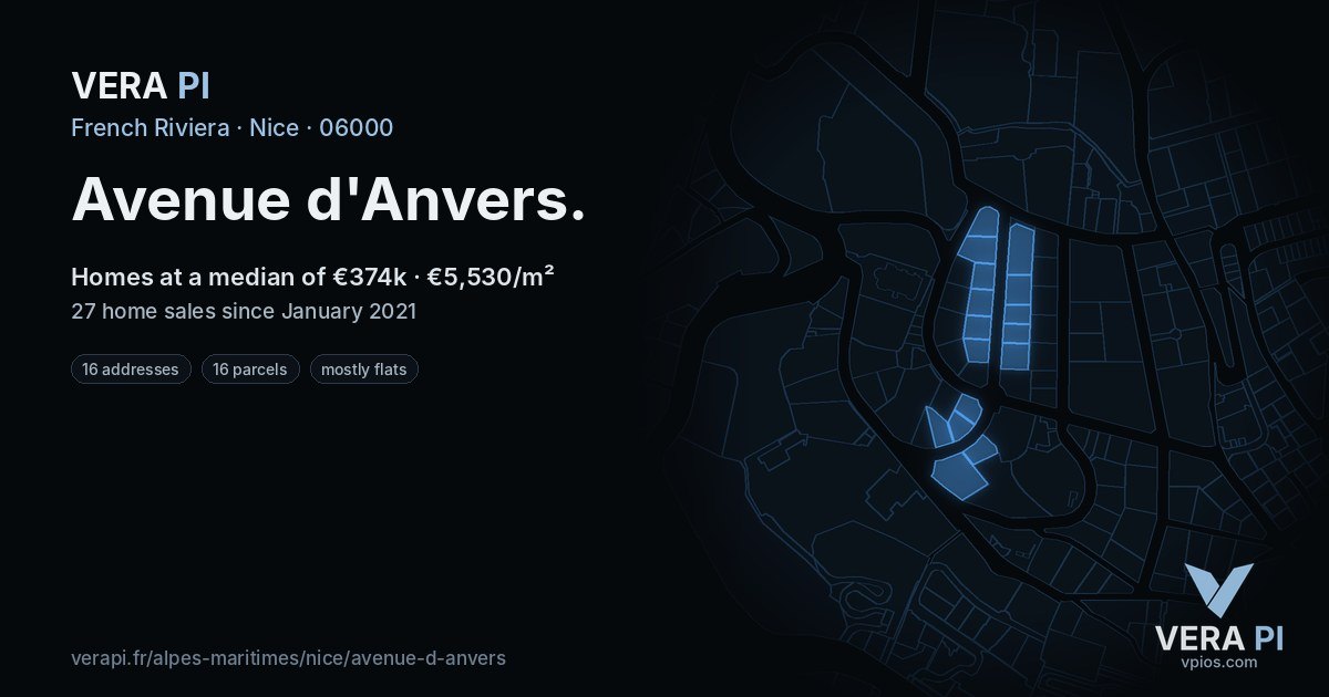 Avenue d'Anvers, Nice at night – every parcel coloured by the prices around it, the street's own parcels lit