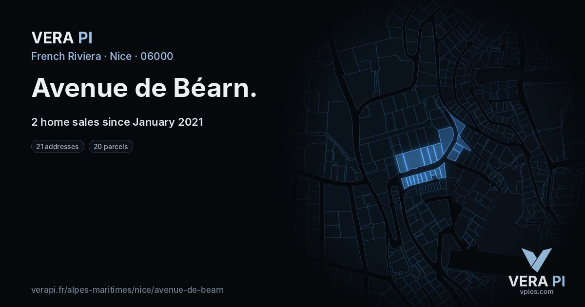 Avenue de Béarn, Nice at night – every parcel coloured by the prices around it, the street's own parcels lit