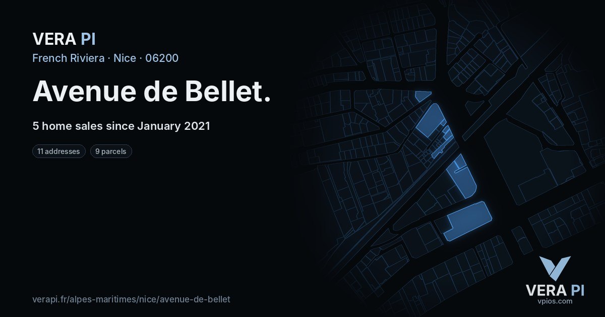 Avenue de Bellet, Nice at night – every parcel coloured by the prices around it, the street's own parcels lit