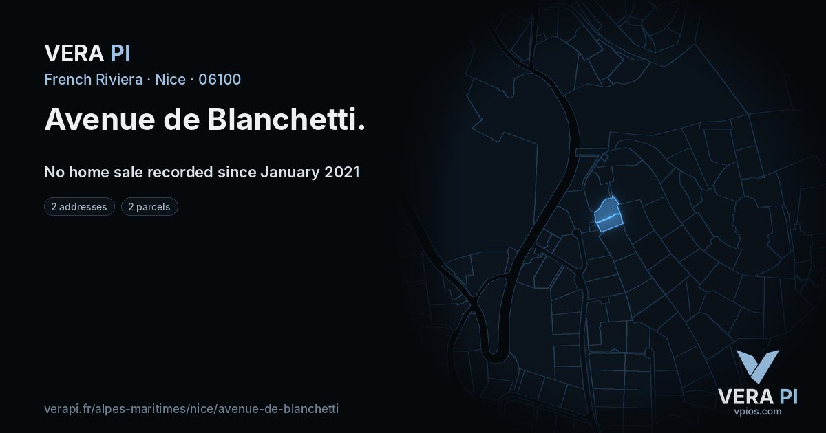 Avenue de Blanchetti, Nice at night – every parcel coloured by the prices around it, the street's own parcels lit