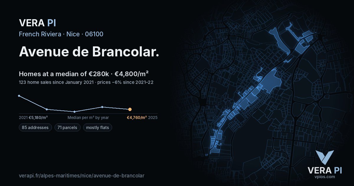 Avenue de Brancolar, Nice at night – every parcel coloured by the prices around it, the street's own parcels lit