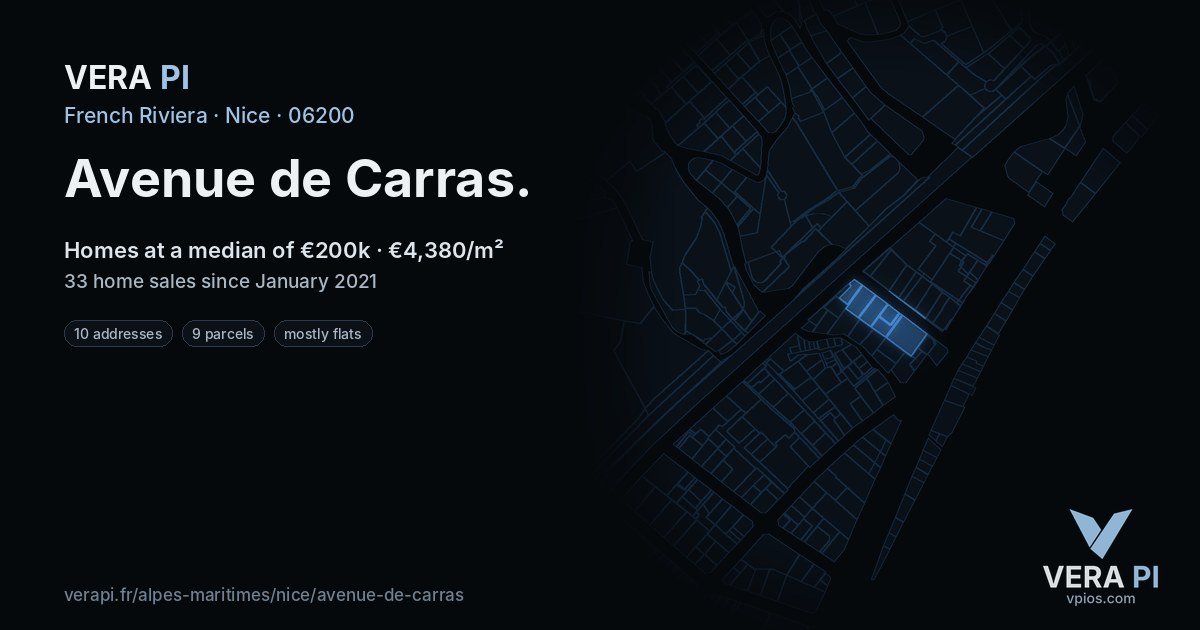 Avenue de Carras, Nice at night – every parcel coloured by the prices around it, the street's own parcels lit