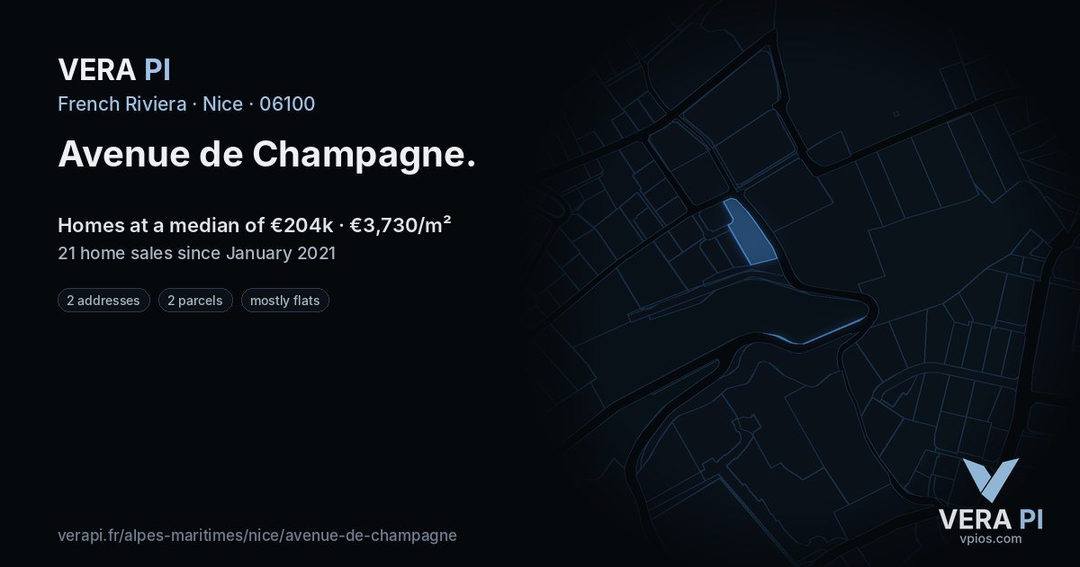 Avenue de Champagne, Nice at night – every parcel coloured by the prices around it, the street's own parcels lit