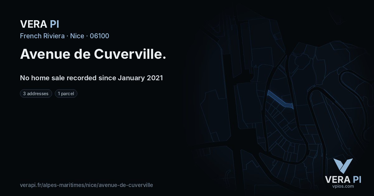 Avenue de Cuverville, Nice at night – every parcel coloured by the prices around it, the street's own parcels lit