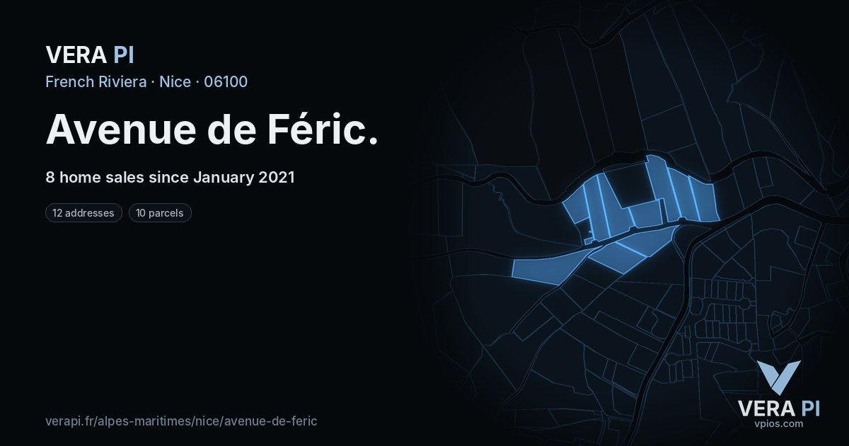 Avenue de Féric, Nice at night – every parcel coloured by the prices around it, the street's own parcels lit