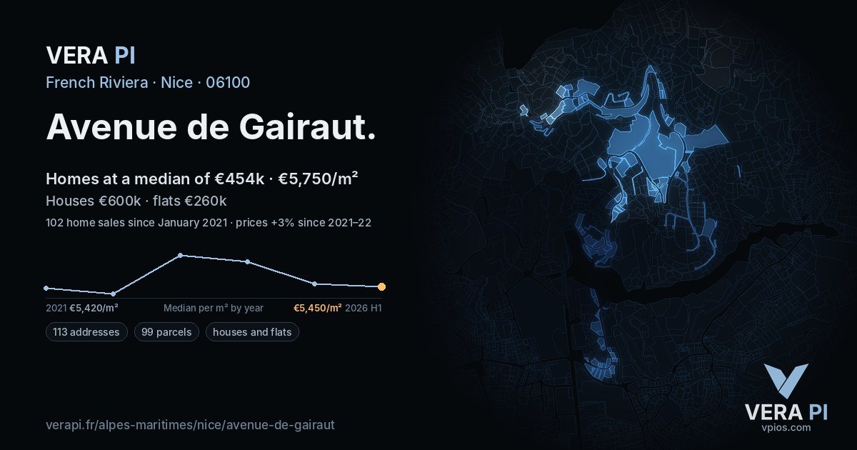 Avenue de Gairaut, Nice at night – every parcel coloured by the prices around it, the street's own parcels lit