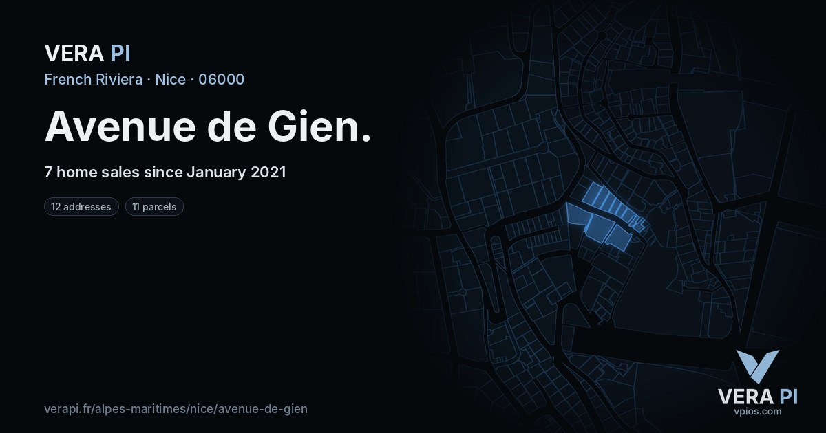 Avenue de Gien, Nice at night – every parcel coloured by the prices around it, the street's own parcels lit