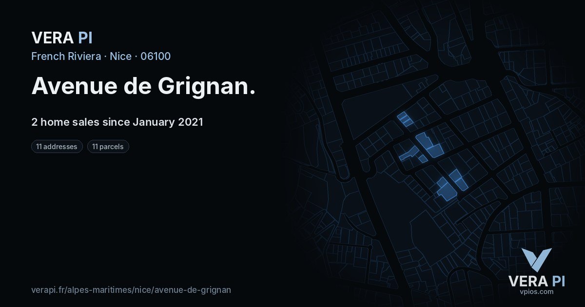 Avenue de Grignan, Nice at night – every parcel coloured by the prices around it, the street's own parcels lit