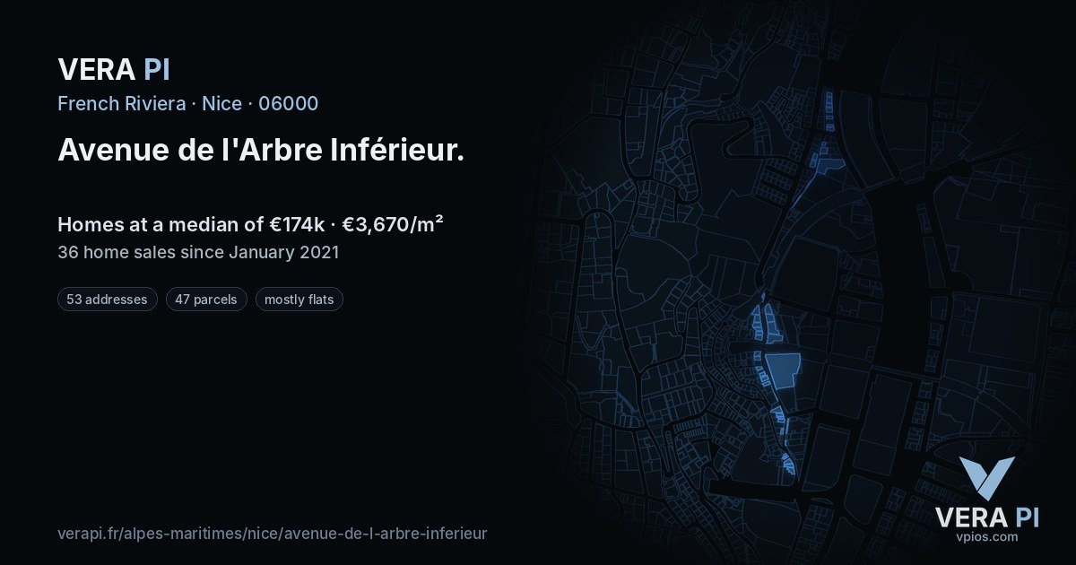 Avenue de l'Arbre Inférieur, Nice at night – every parcel coloured by the prices around it, the street's own parcels lit