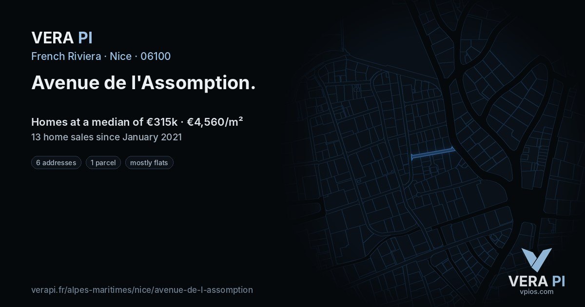 Avenue de l'Assomption, Nice at night – every parcel coloured by the prices around it, the street's own parcels lit