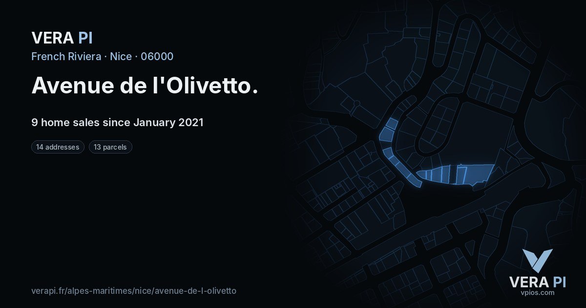 Avenue de l'Olivetto, Nice at night – every parcel coloured by the prices around it, the street's own parcels lit