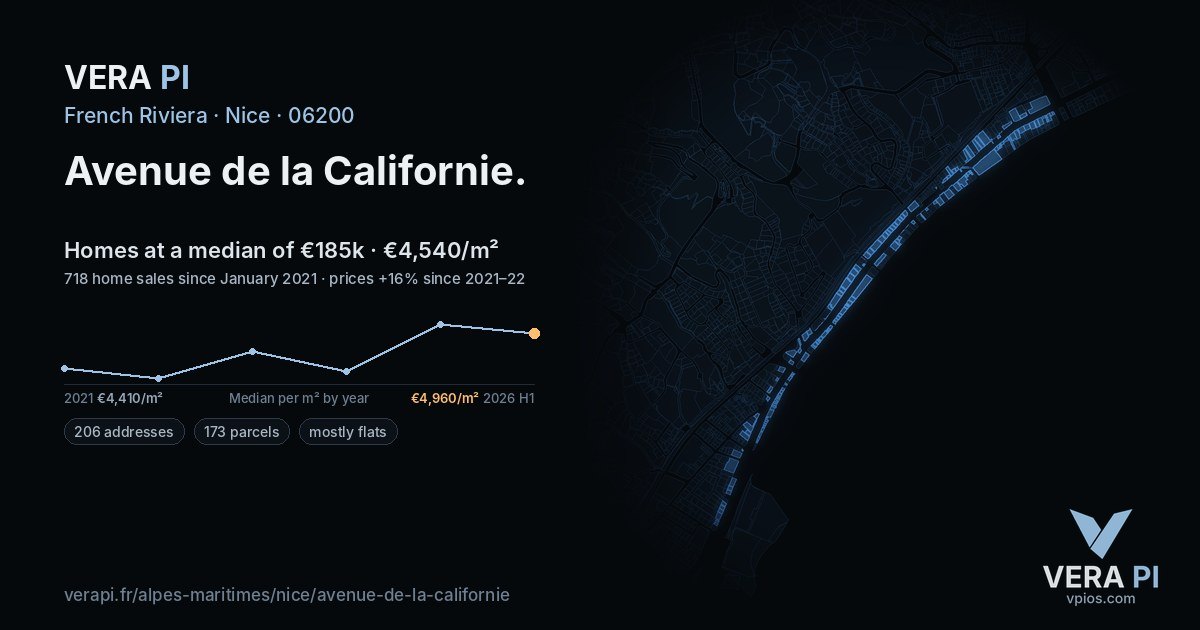 Avenue de la Californie, Nice at night – every parcel coloured by the prices around it, the street's own parcels lit