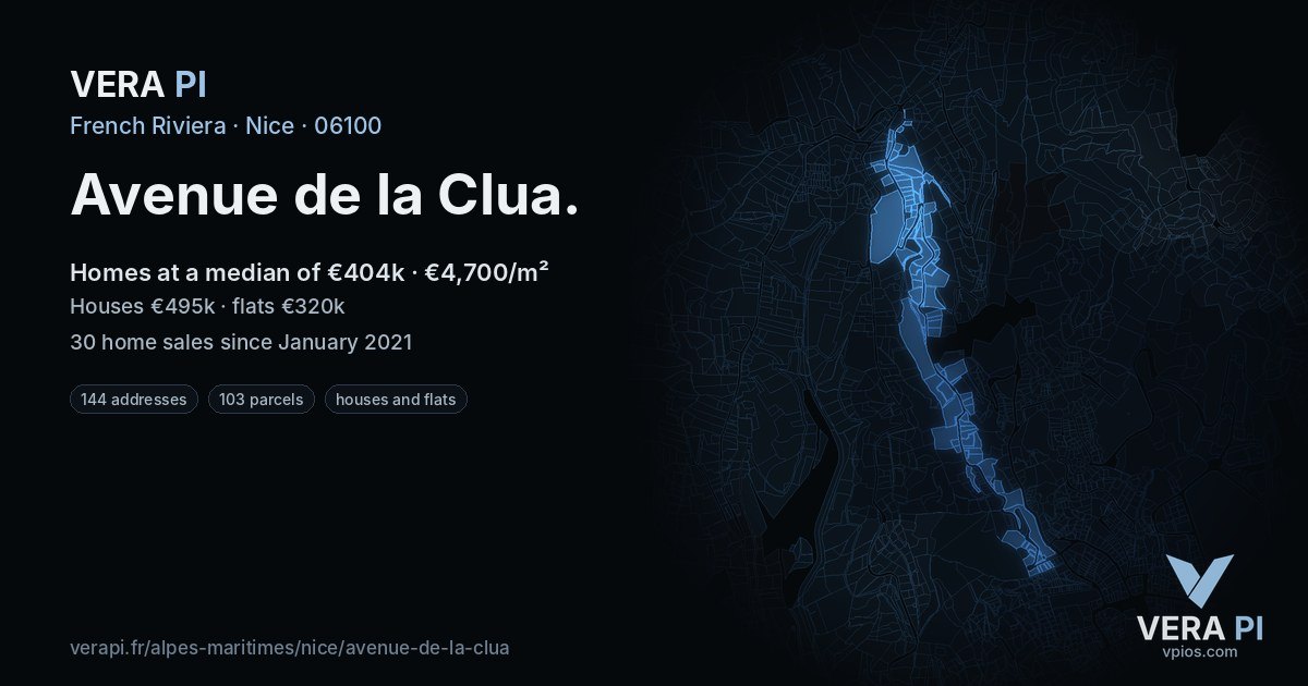 Avenue de la Clua, Nice at night – every parcel coloured by the prices around it, the street's own parcels lit