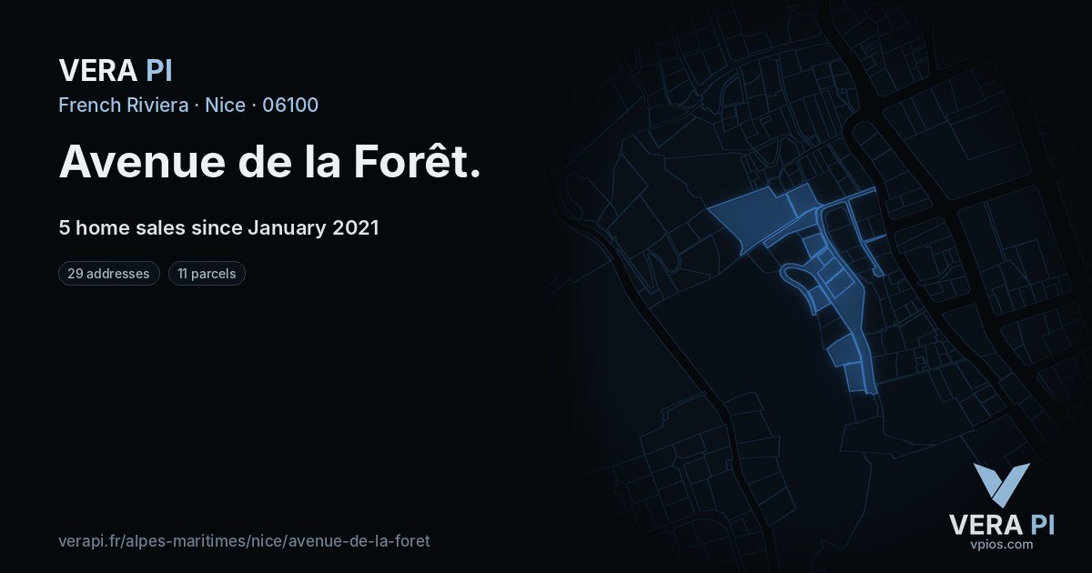 Avenue de la Forêt, Nice at night – every parcel coloured by the prices around it, the street's own parcels lit