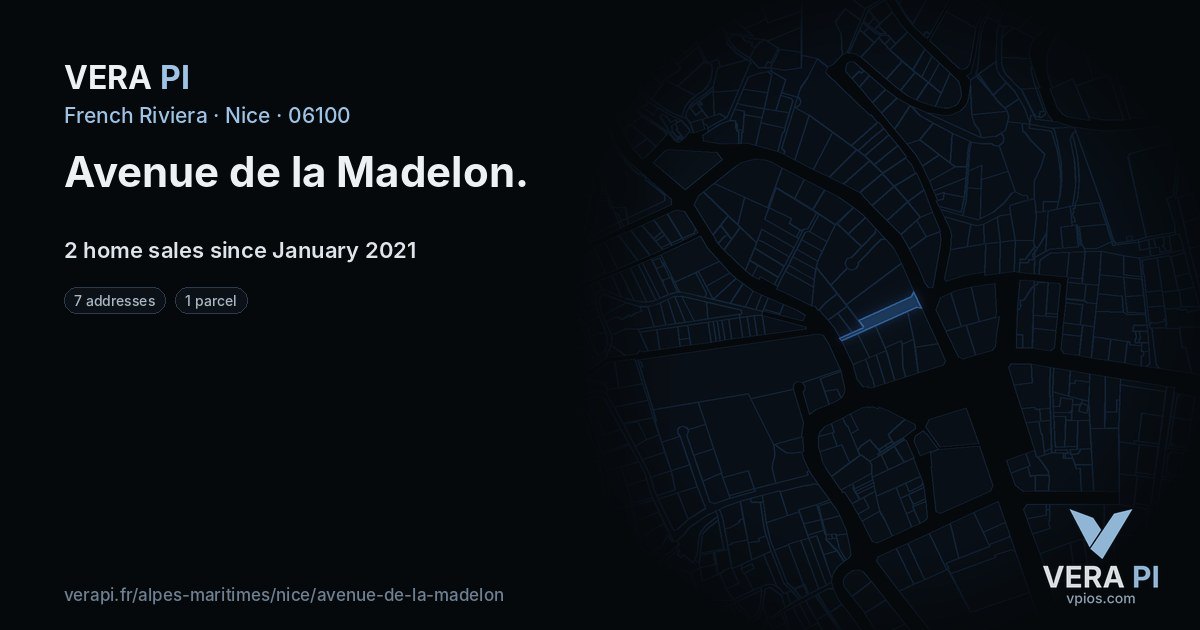 Avenue de la Madelon, Nice at night – every parcel coloured by the prices around it, the street's own parcels lit