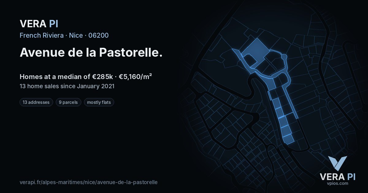 Avenue de la Pastorelle, Nice at night – every parcel coloured by the prices around it, the street's own parcels lit