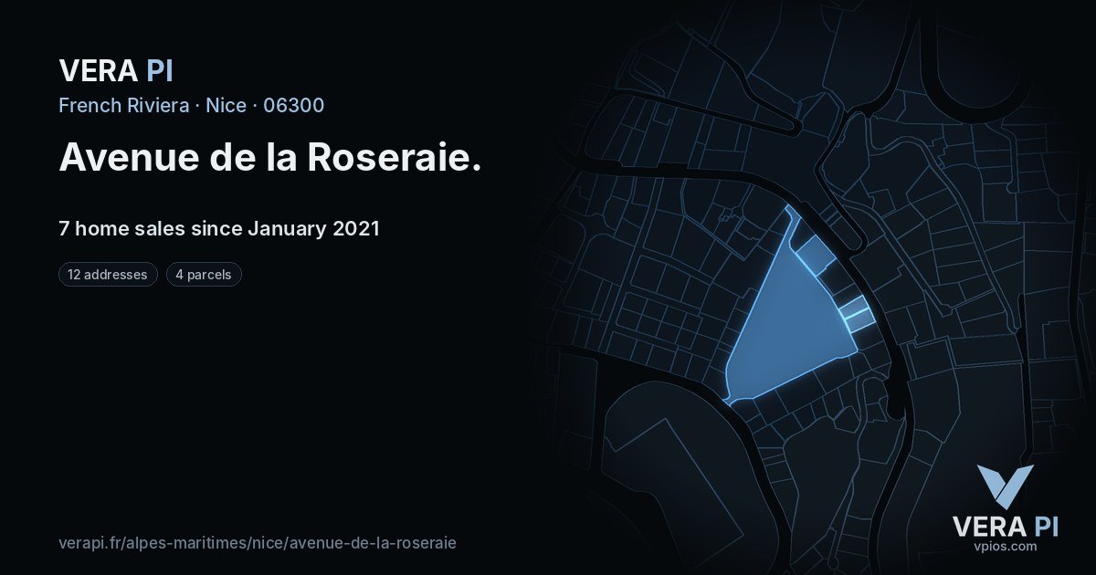 Avenue de la Roseraie, Nice at night – every parcel coloured by the prices around it, the street's own parcels lit