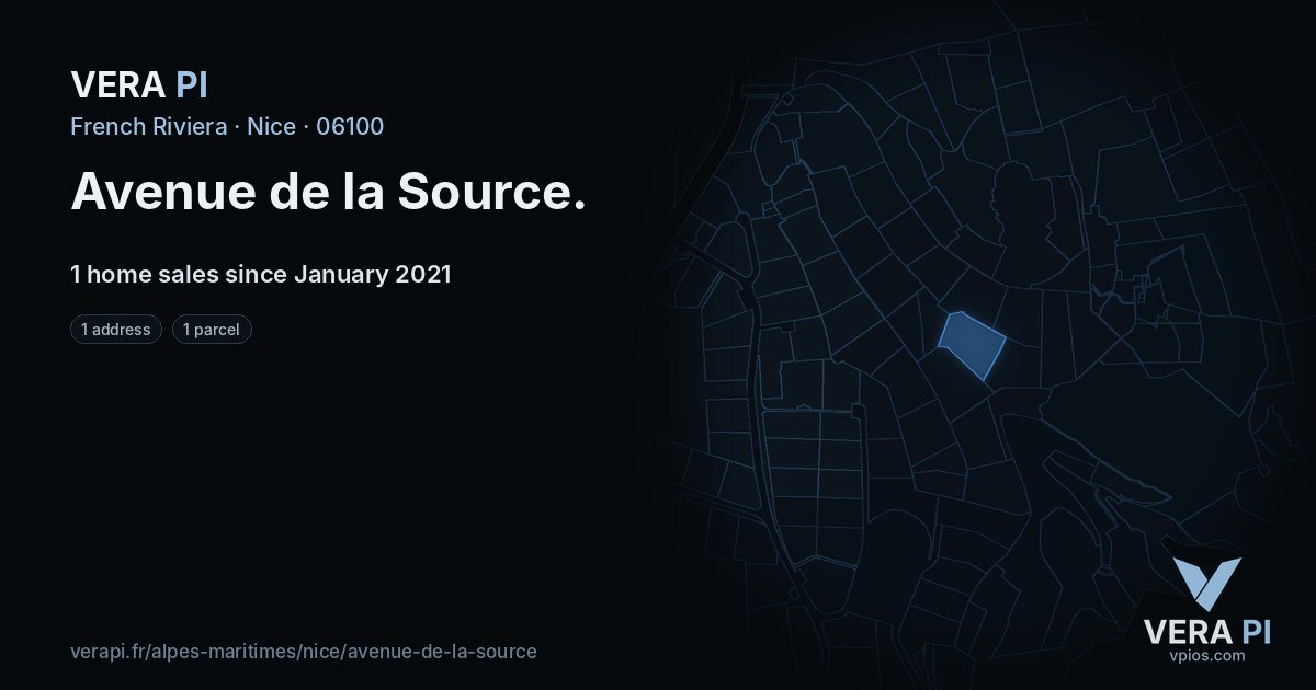 Avenue de la Source, Nice at night – every parcel coloured by the prices around it, the street's own parcels lit