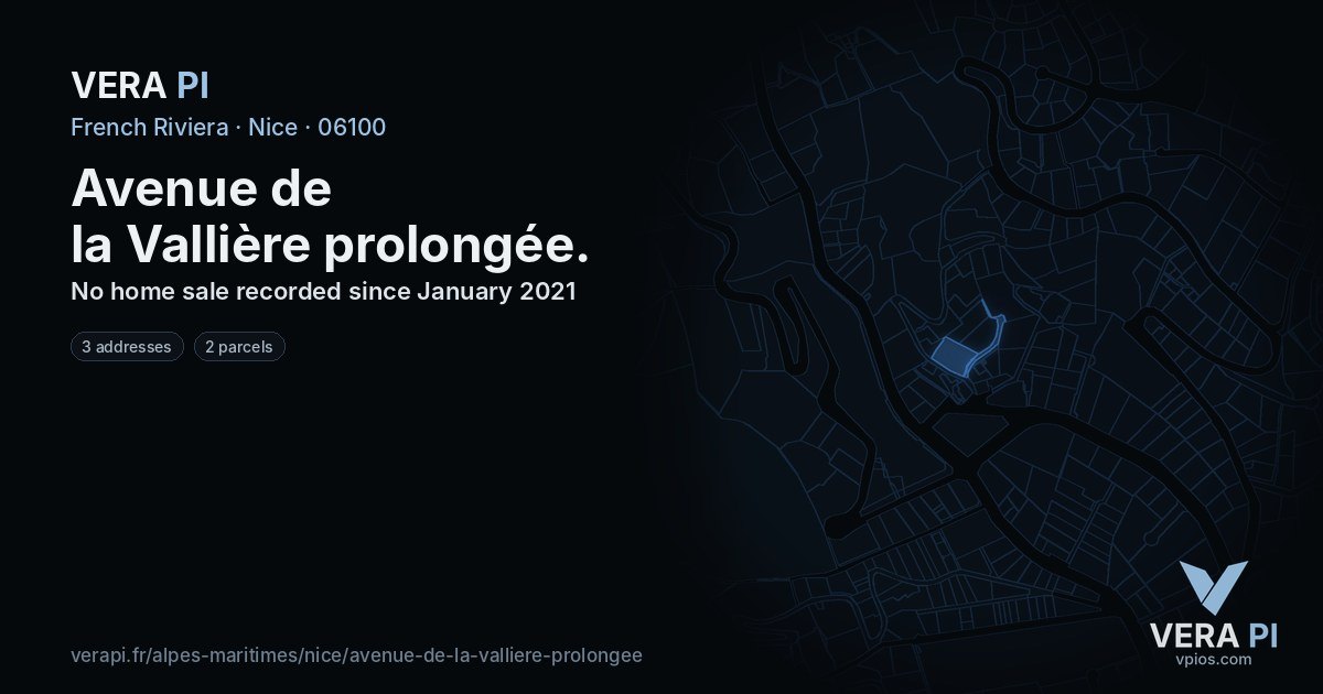 Avenue de la Vallière prolongée, Nice at night – every parcel coloured by the prices around it, the street's own parcels lit