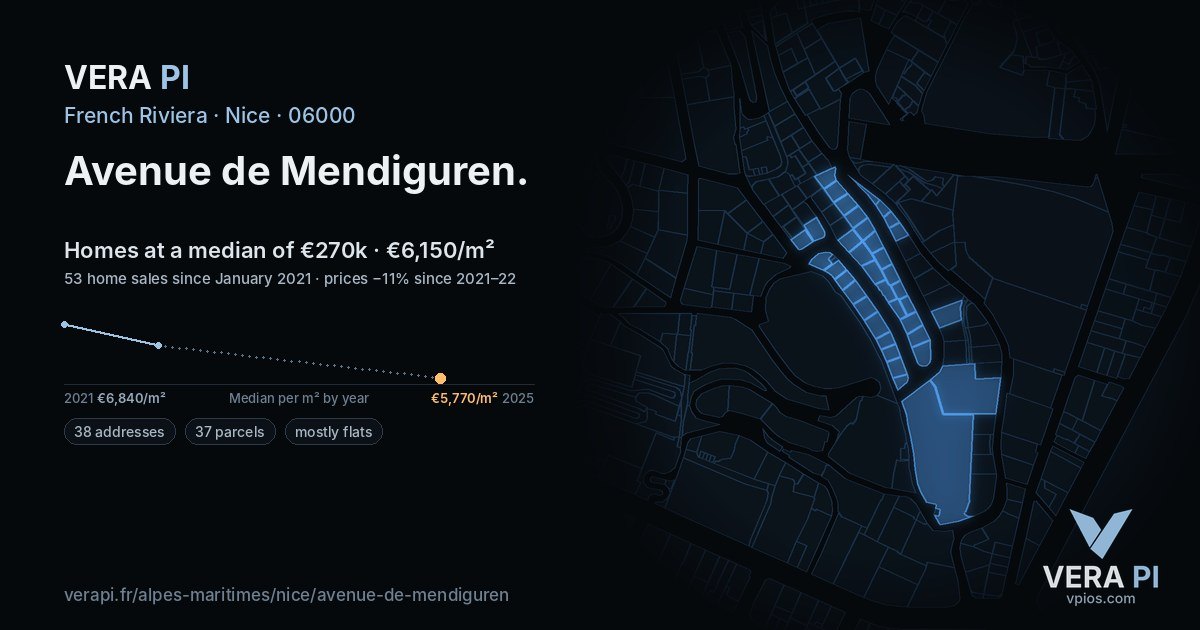 Avenue de Mendiguren, Nice at night – every parcel coloured by the prices around it, the street's own parcels lit