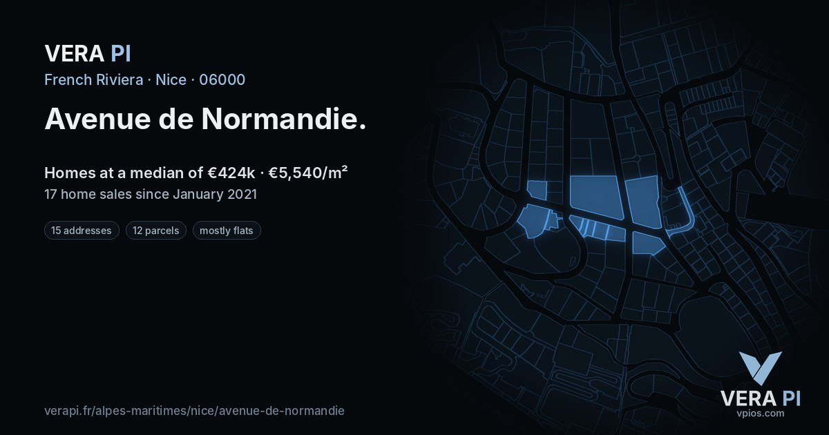 Avenue de Normandie, Nice at night – every parcel coloured by the prices around it, the street's own parcels lit