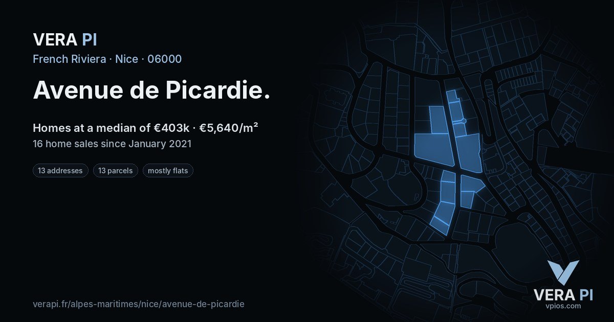 Avenue de Picardie, Nice at night – every parcel coloured by the prices around it, the street's own parcels lit