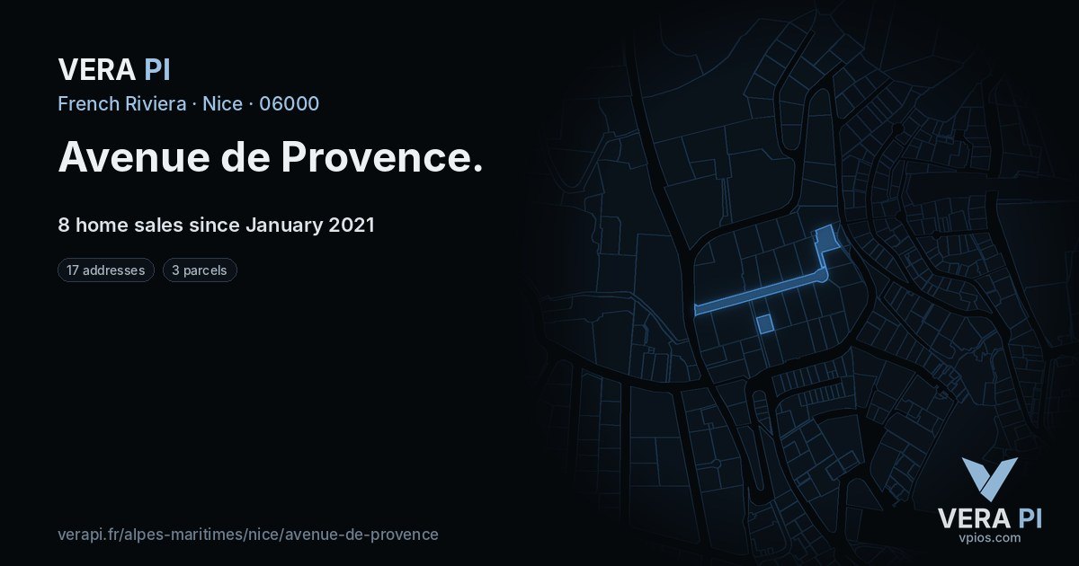 Avenue de Provence, Nice at night – every parcel coloured by the prices around it, the street's own parcels lit