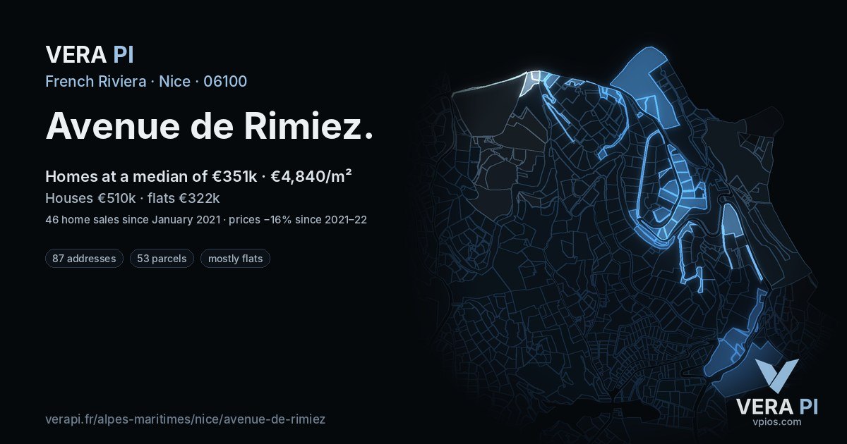 Avenue de Rimiez, Nice at night – every parcel coloured by the prices around it, the street's own parcels lit