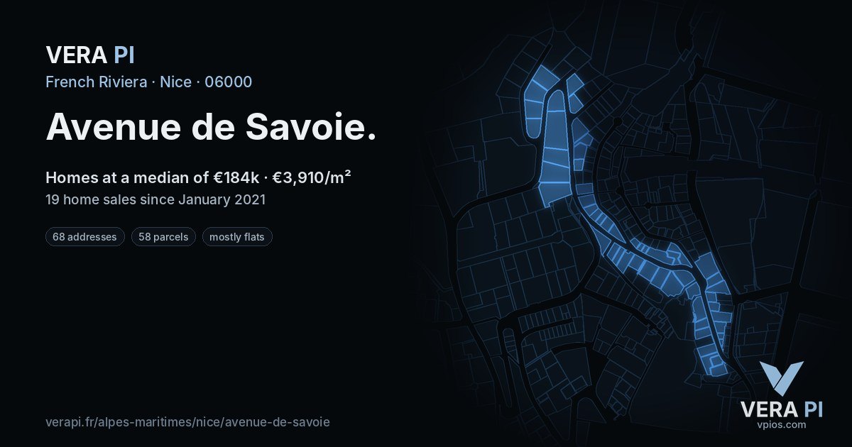 Avenue de Savoie, Nice at night – every parcel coloured by the prices around it, the street's own parcels lit