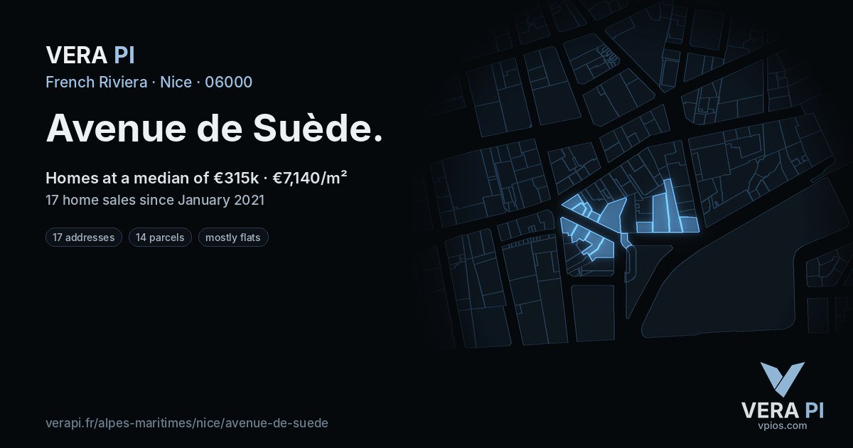 Avenue de Suède, Nice at night – every parcel coloured by the prices around it, the street's own parcels lit