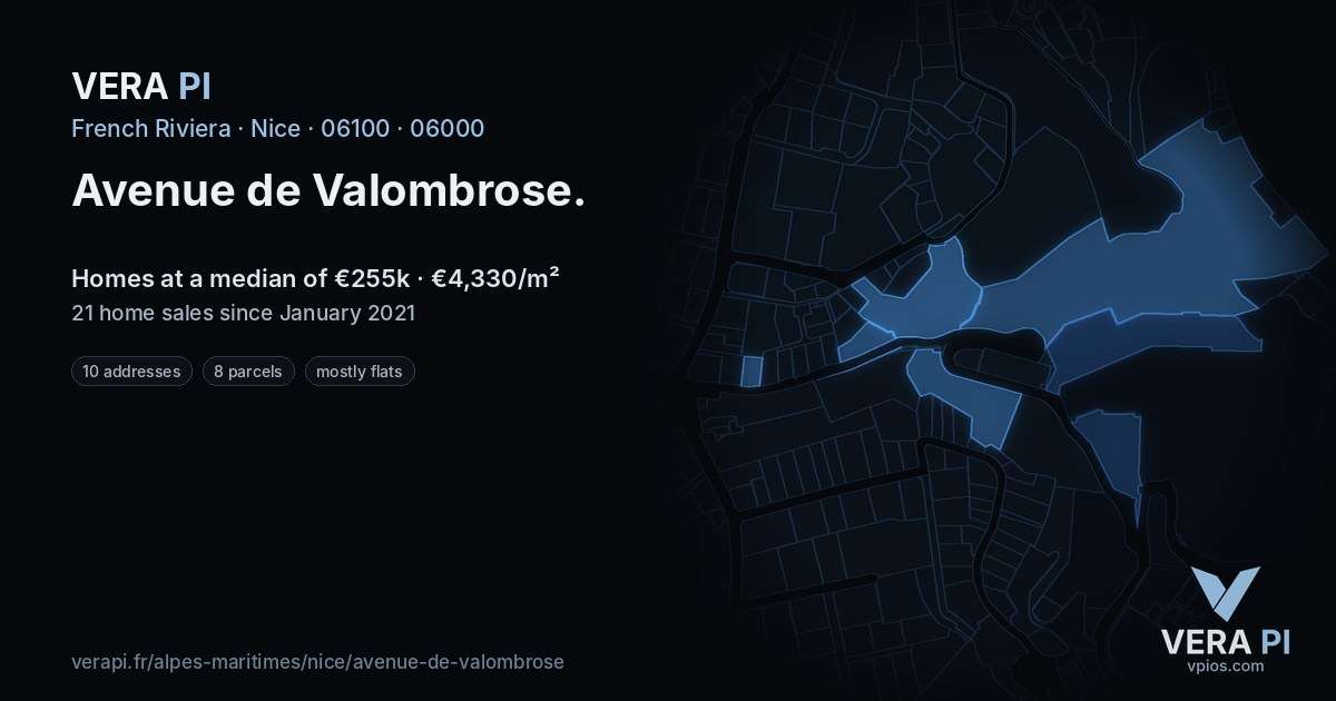 Avenue de Valombrose, Nice at night – every parcel coloured by the prices around it, the street's own parcels lit