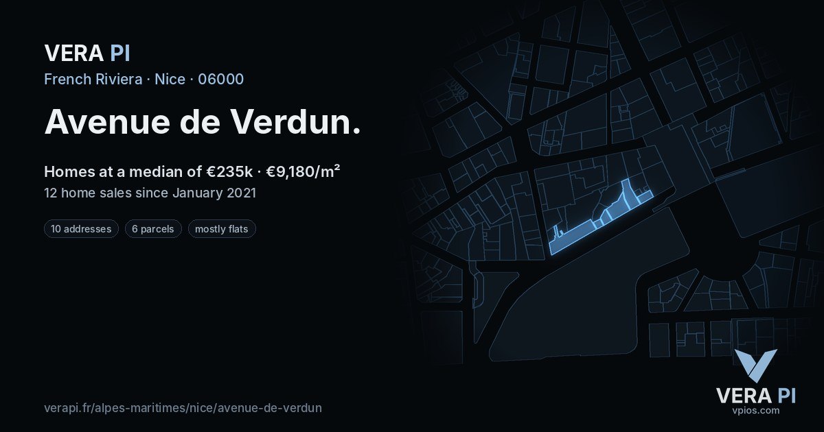Avenue de Verdun, Nice at night – every parcel coloured by the prices around it, the street's own parcels lit