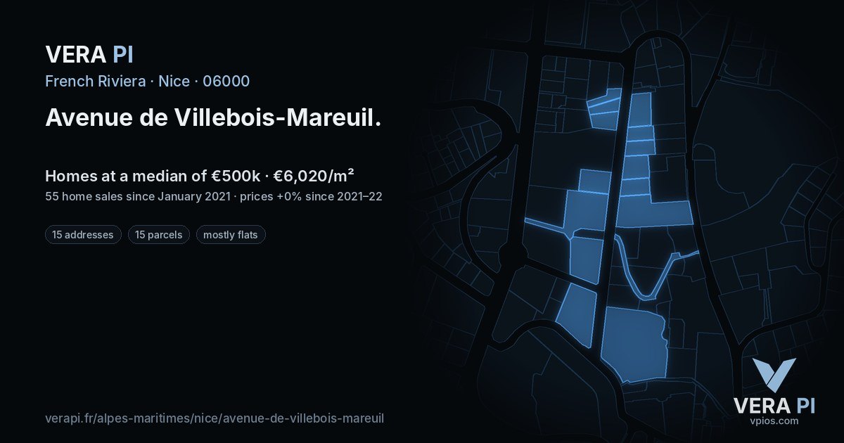 Avenue de Villebois-Mareuil, Nice at night – every parcel coloured by the prices around it, the street's own parcels lit