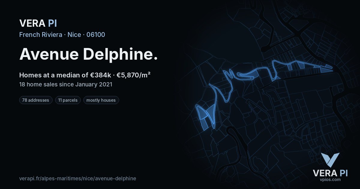 Avenue Delphine, Nice at night – every parcel coloured by the prices around it, the street's own parcels lit