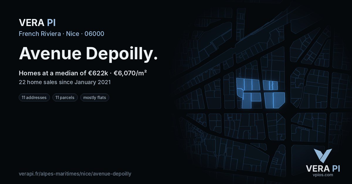 Avenue Depoilly, Nice at night – every parcel coloured by the prices around it, the street's own parcels lit