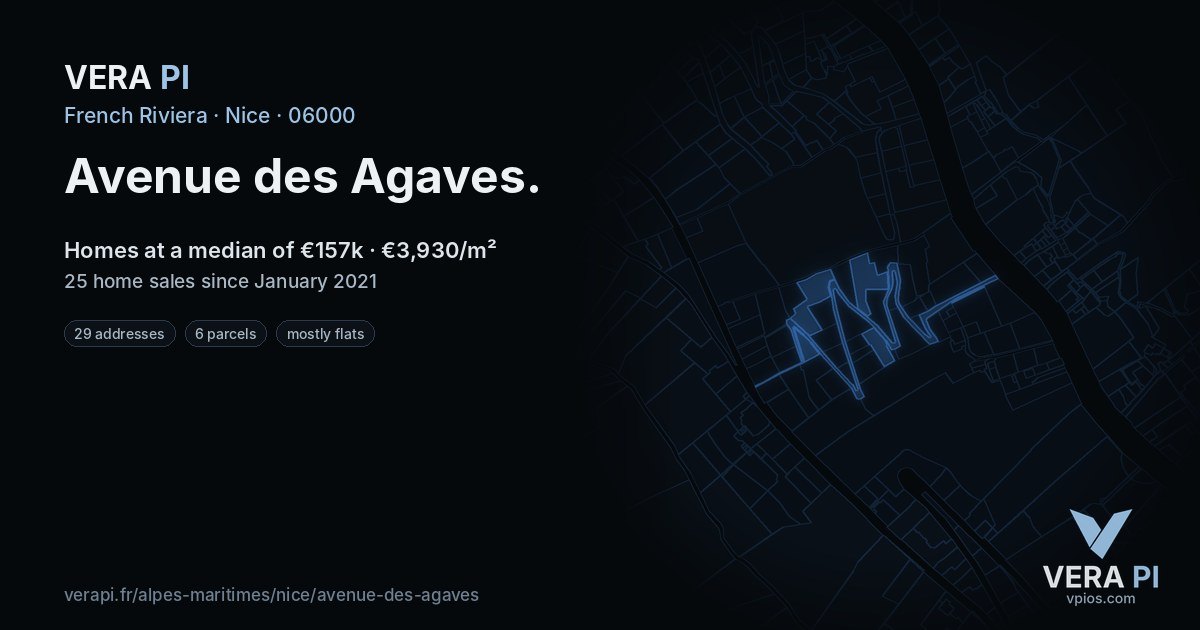 Avenue des Agaves, Nice at night – every parcel coloured by the prices around it, the street's own parcels lit