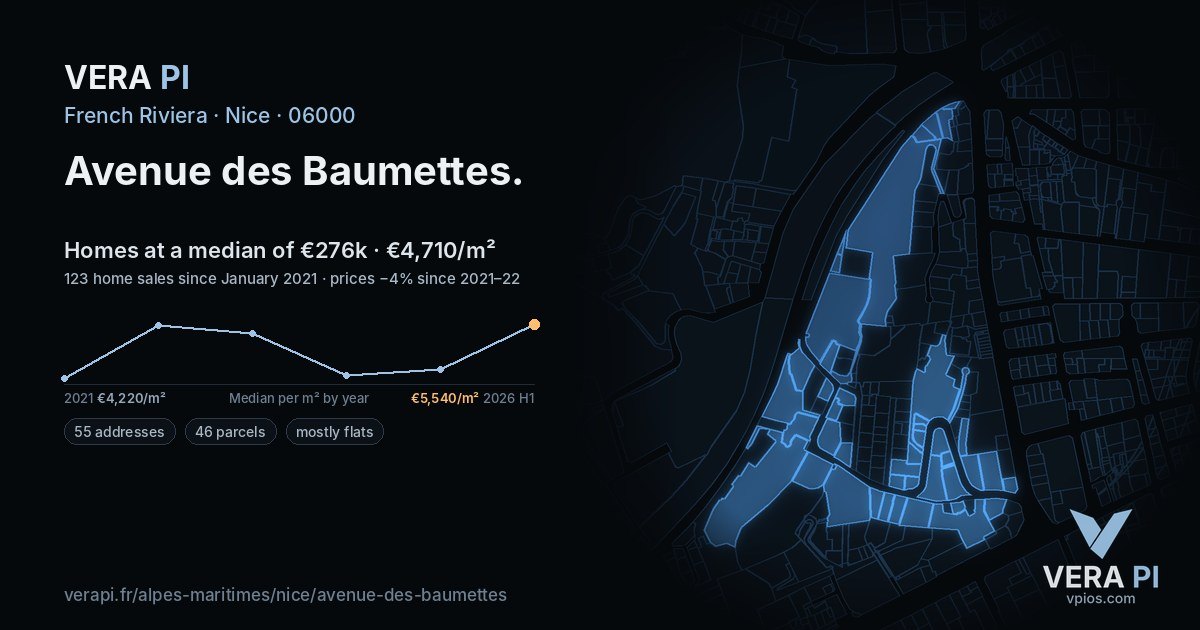 Avenue des Baumettes, Nice at night – every parcel coloured by the prices around it, the street's own parcels lit