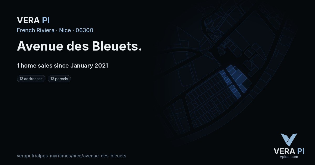 Avenue des Bleuets, Nice at night – every parcel coloured by the prices around it, the street's own parcels lit