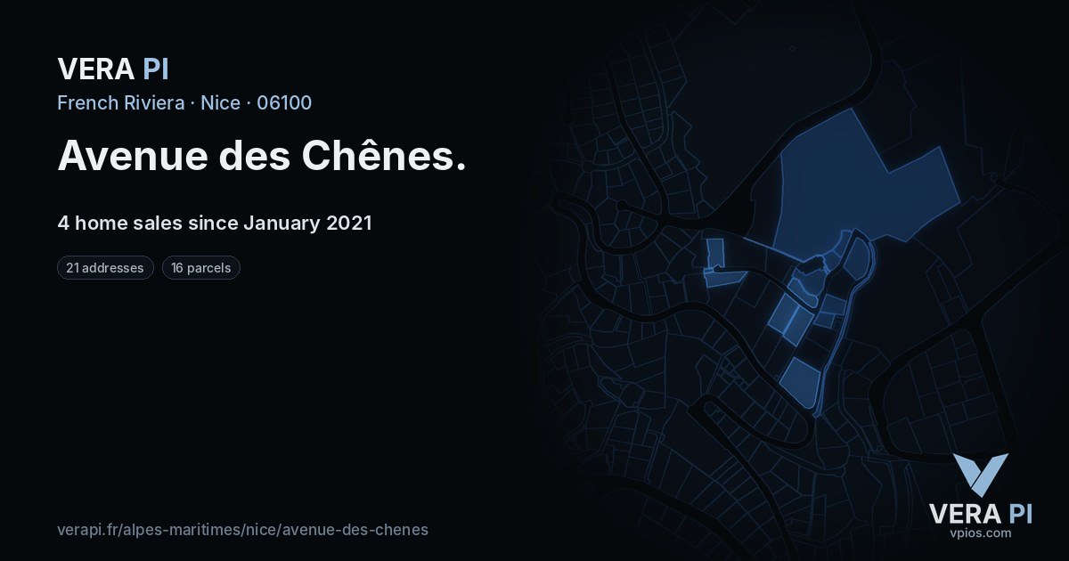 Avenue des Chênes, Nice at night – every parcel coloured by the prices around it, the street's own parcels lit