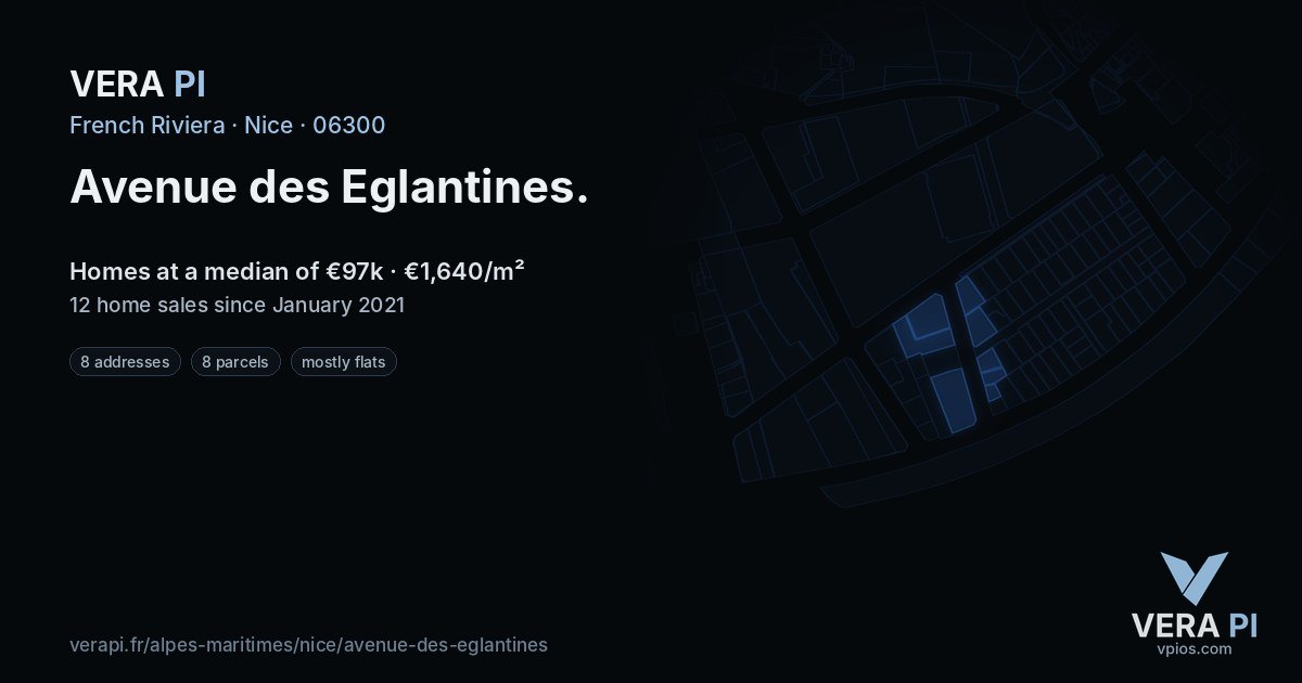 Avenue des Eglantines, Nice at night – every parcel coloured by the prices around it, the street's own parcels lit
