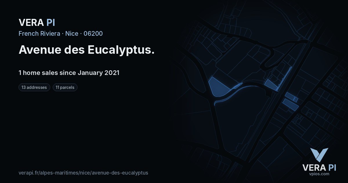 Avenue des Eucalyptus, Nice at night – every parcel coloured by the prices around it, the street's own parcels lit