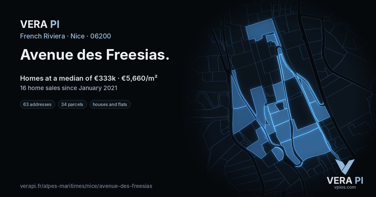 Avenue des Freesias, Nice at night – every parcel coloured by the prices around it, the street's own parcels lit