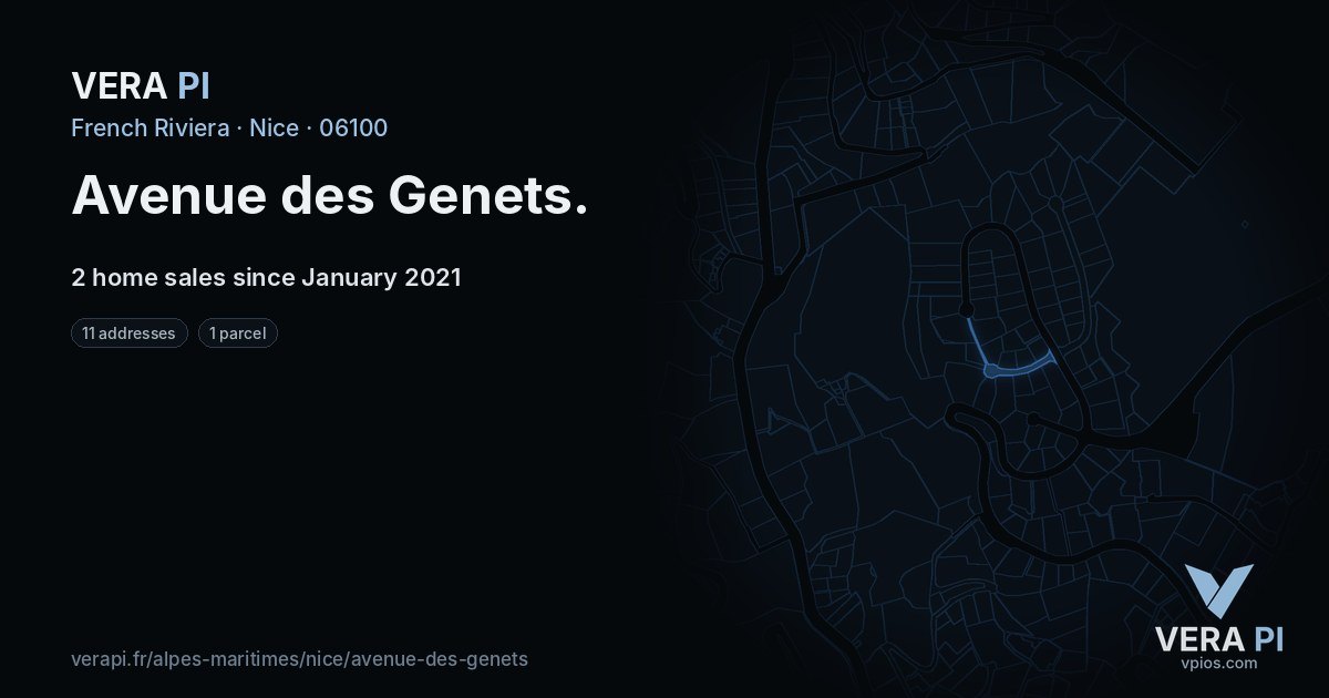 Avenue des Genets, Nice at night – every parcel coloured by the prices around it, the street's own parcels lit