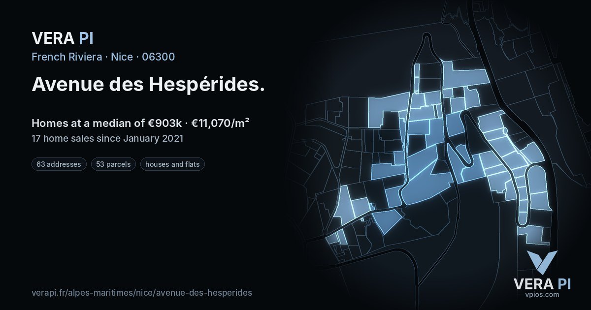 Avenue des Hespérides, Nice at night – every parcel coloured by the prices around it, the street's own parcels lit