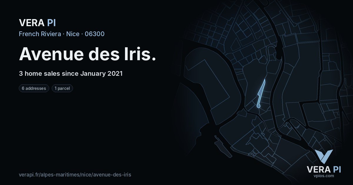 Avenue des Iris, Nice at night – every parcel coloured by the prices around it, the street's own parcels lit