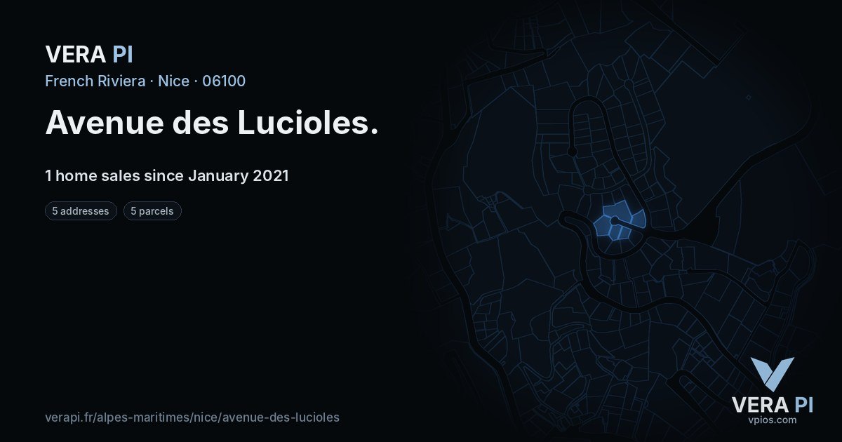 Avenue des Lucioles, Nice at night – every parcel coloured by the prices around it, the street's own parcels lit