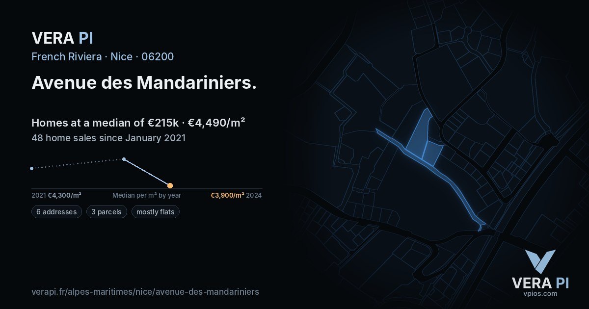 Avenue des Mandariniers, Nice at night – every parcel coloured by the prices around it, the street's own parcels lit